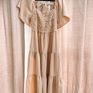 Crochet-Bodice Tiered Maxi Dress in Light Beige